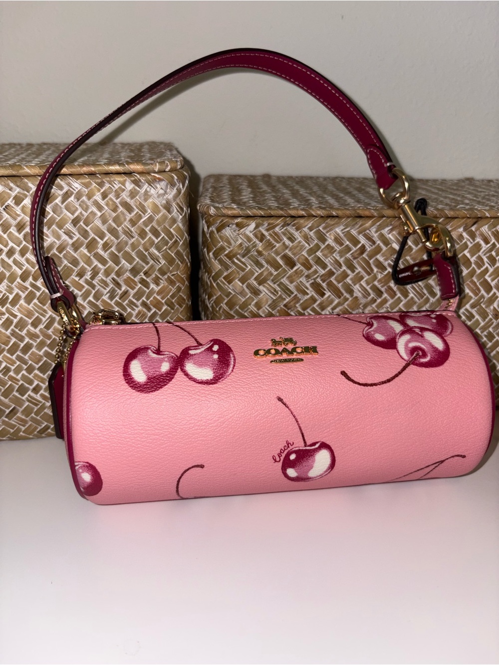 Coach Pink Cherry Barrel Wristlet with Magenta Strap